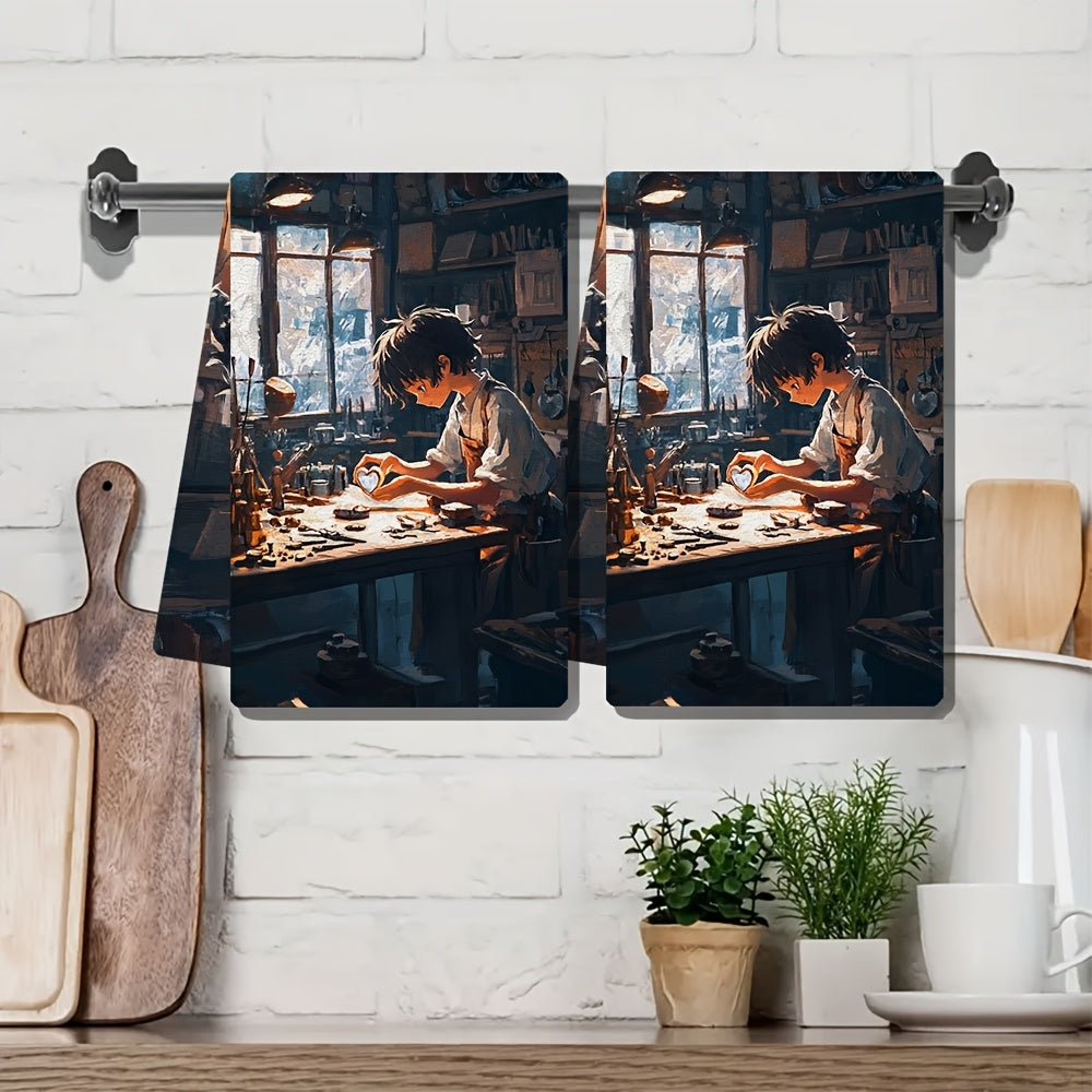 Set of 2 Ultra Soft Kitchen Towels featuring an anime boy carving a heart-shaped gemstone in a jeweler's workshop. These highly absorbent dish hand towels are perfect for holiday decor. They are machine washable and measure 16x24 inches. Item code