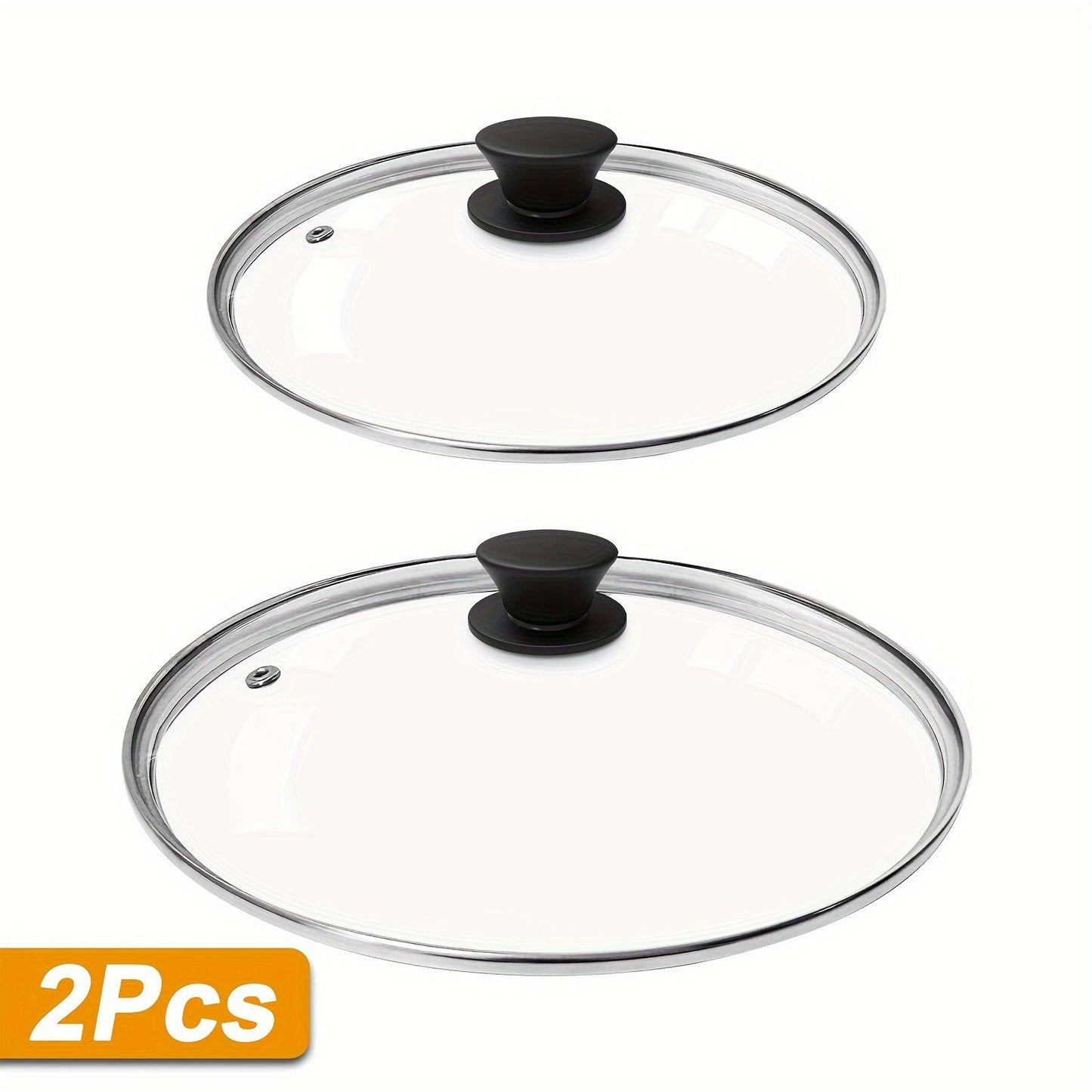 Clear Universal Glass Lid in Transparent Color, suitable for Frying Pan, Flat Bottom Pot, and Cast Iron Pot, available in sizes 10in/25.3cm, 13in/33cm, 12.2in/31cm, and 14.5in/36.8cm.