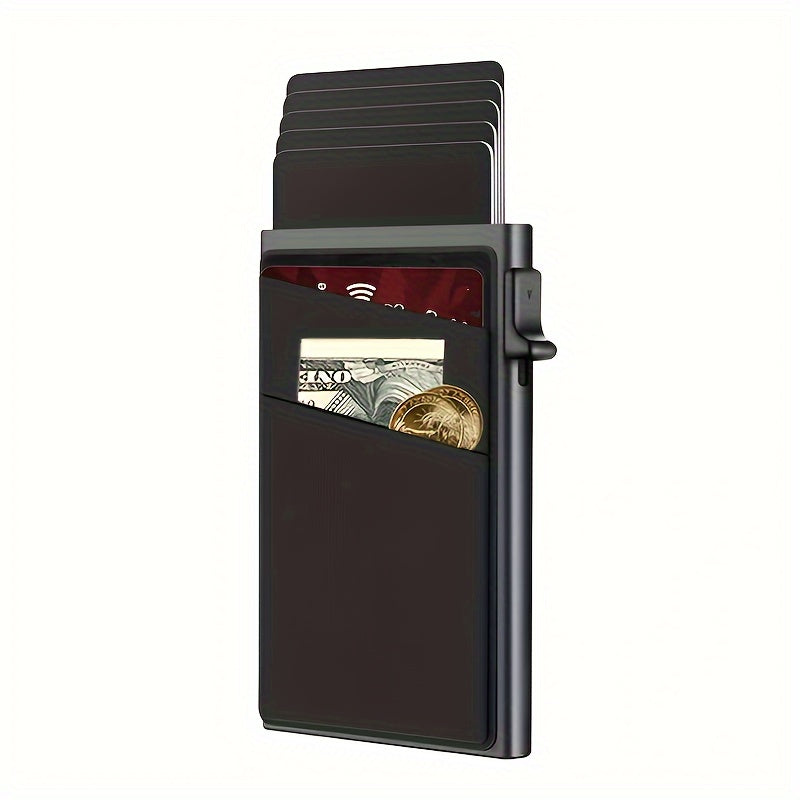 Innovative men's black aluminum wallet with RFID blocking, dual layer back, and card holder.