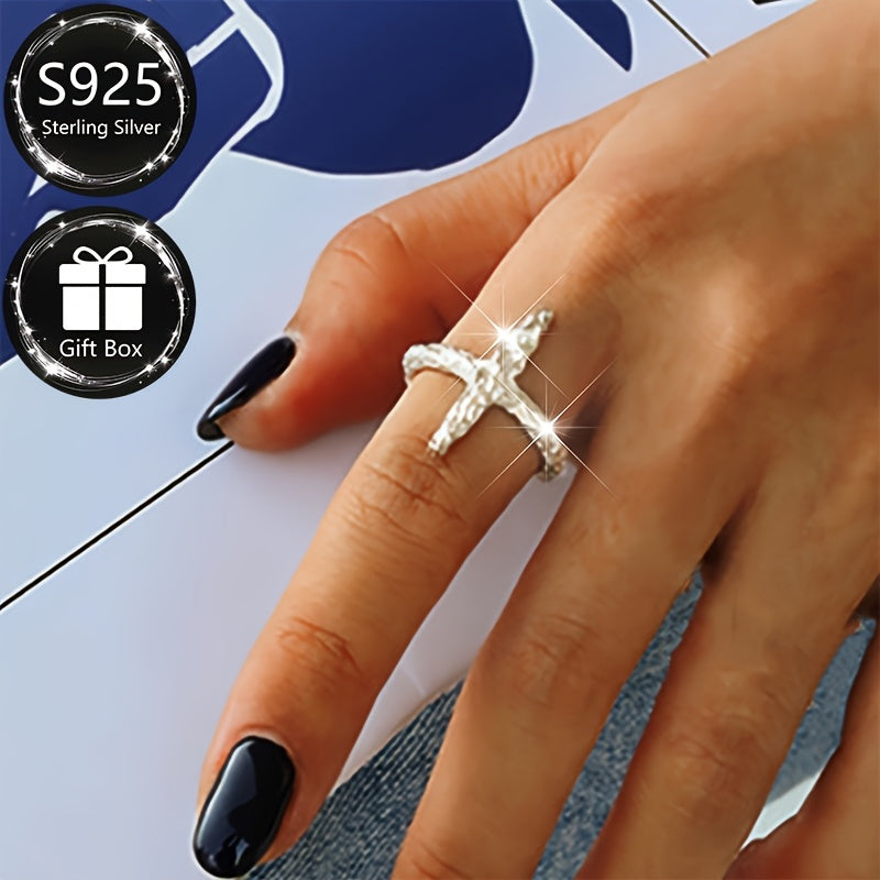 925 Sterling Silver Adjustable Open Cross Ring, featuring an Elegant and Simple design with Textured Folding Pattern. Perfect for both daily wear and special occasions. Suitable for both men and women.