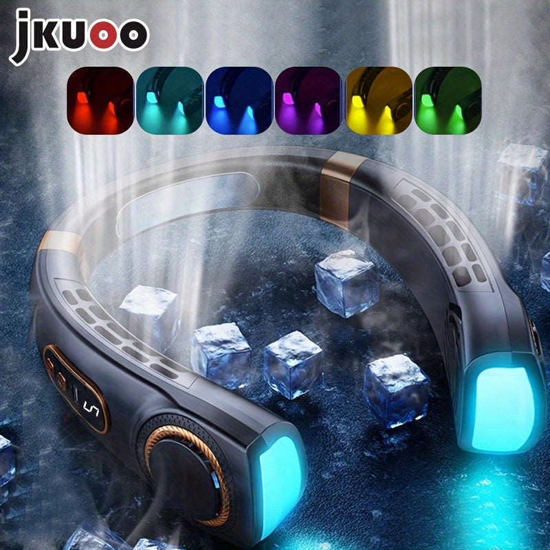 Stay cool and comfortable on-the-go with the 1pc JKUOO Portable Neck Fan. This innovative device features a 5-speed adjustable display, USB rechargeable lithium battery, and quiet operation. Perfect for use during sports, travel, and summer activities