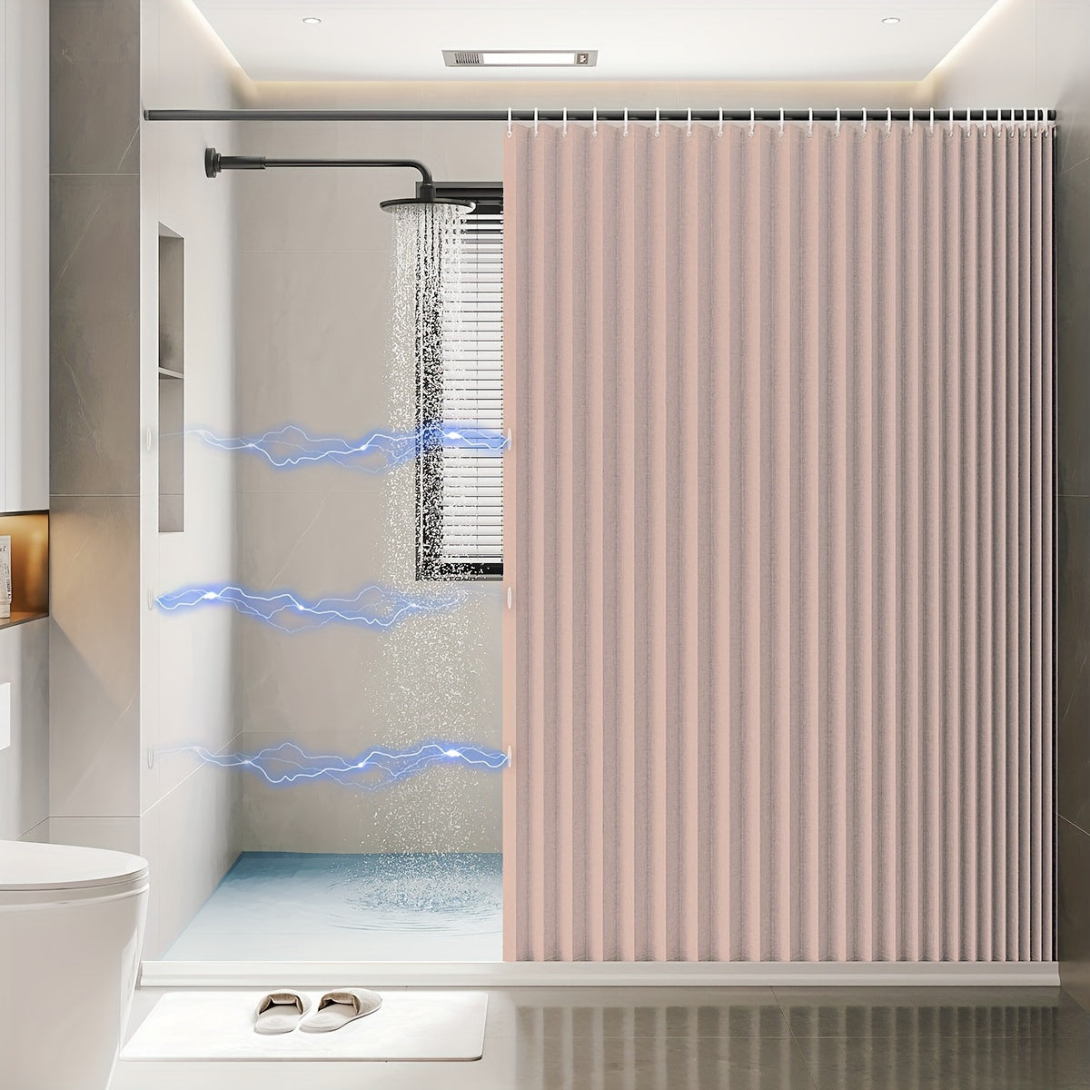 Waterproof folding shower curtain with magnetic suction, ideal for bathroom toilet partition. Dry and wet separation and easy hanging with punching design.