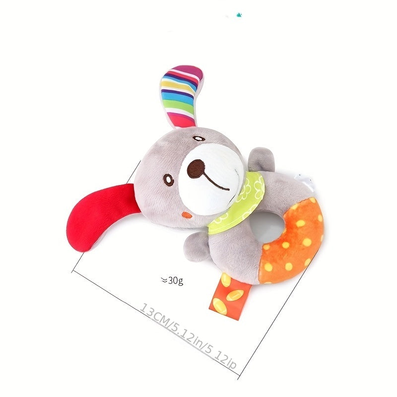 Round hand rattle baby toy with adorable cartoon animal design, a plush and cute option for your little one.