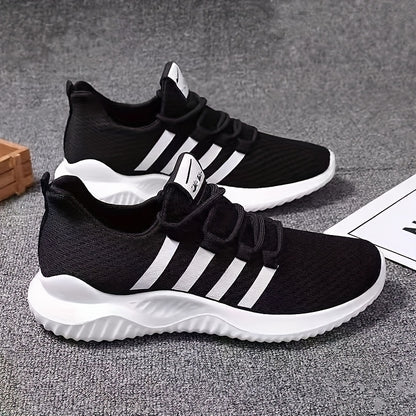 Unisex Striped Lace-up Sneakers with Breathable Fabric Upper and PVC Sole, designed for Casual Sports Style. Suitable for Men and Women with Normal Pronation, All-Season Lightweight Running