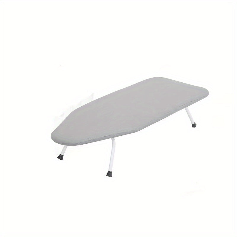 An ironing board for desktop use that is made of iron, compact, and foldable for convenient storage and transport. Features a surface made of needle cotton fabric that can withstand high temperatures, making it ideal for both home and travel use.