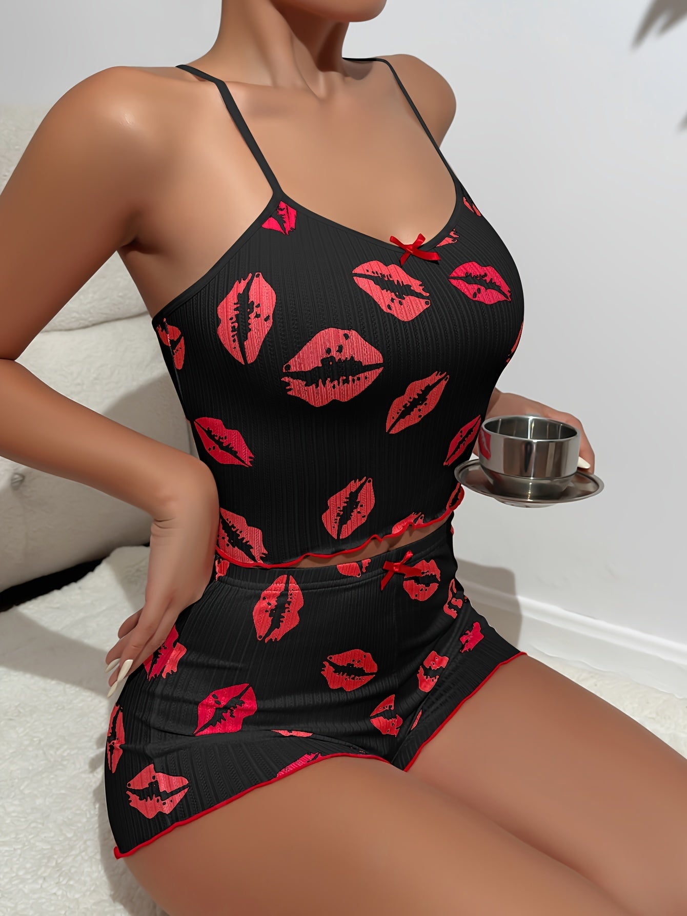 Heart Print Pajama Set for Women, Scoop Neck, Spaghetti Strap Shorts, Comfortable Knit Fabric Sleepwear, 90% Polyester, 10% Elastane, All Season Loungewear