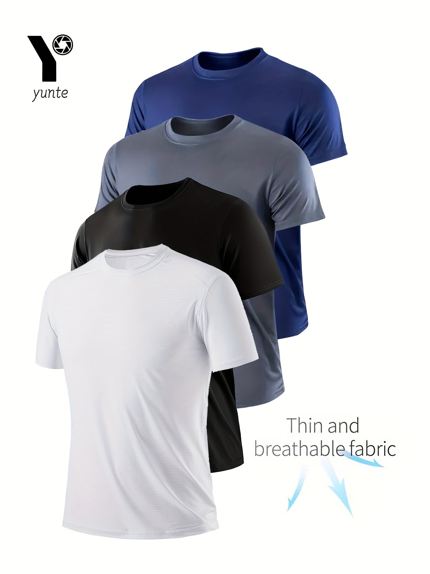 4 Men's Quick-Dry Athletic T-Shirts in Black, White, Gray, Navy - Ideal for Gym, Running & Fitness Training