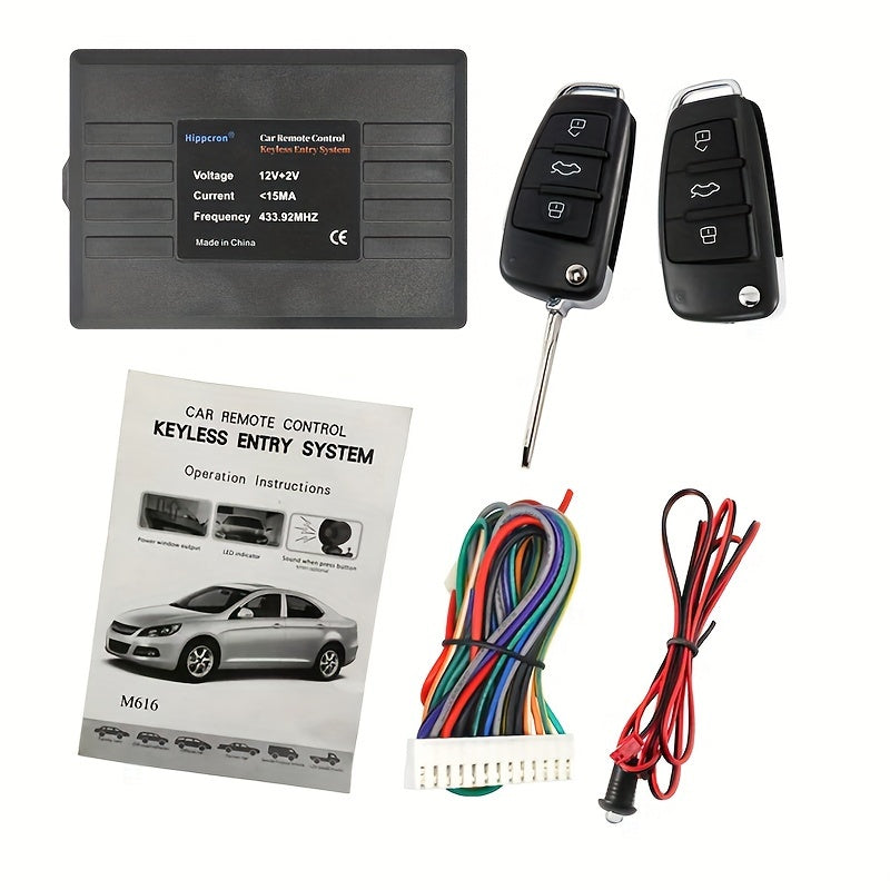 HIPPCRON ZKS-02 PE material car remote control keyless entry system with 2 keys, vehicle door/trunk locking/unlocking, window roll-up, and find car function. Easy DIY installation.