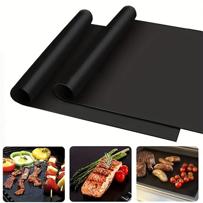 Two Teflon BBQ grill mats: High temp resistant, non-stick, easy to clean, reusable for outdoor cooking.