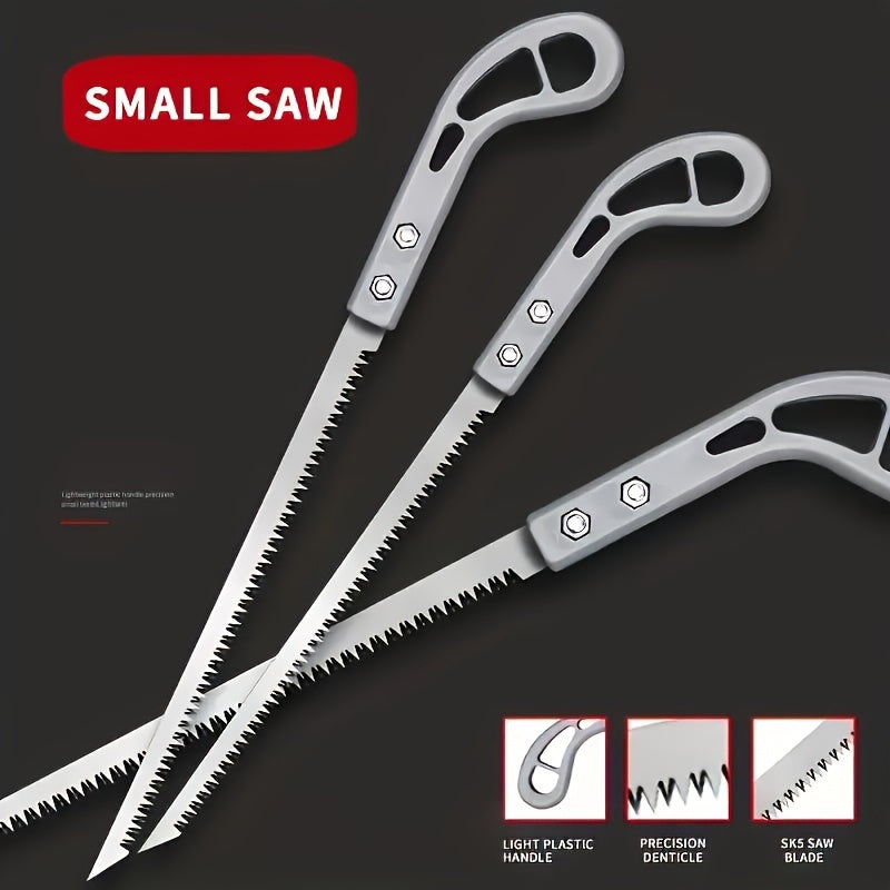 Multi-purpose mini hand saw for gardening, wall paneling, and logging. Made of durable plastic and metal, requires no power. Ideal for tree trimming.