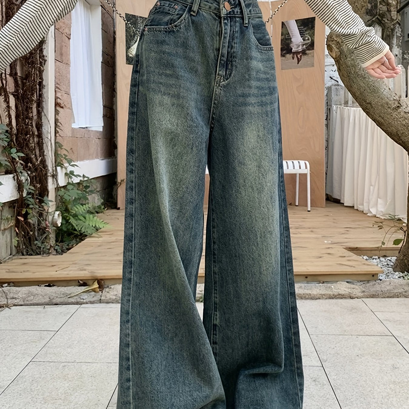 1pc XNVJEVGY Women's High-Waisted Wide Leg Denim Jeans, Casual Style, Non-Stretch, Solid Color, Long Zipper Closure, Washed Finish, All Seasons.