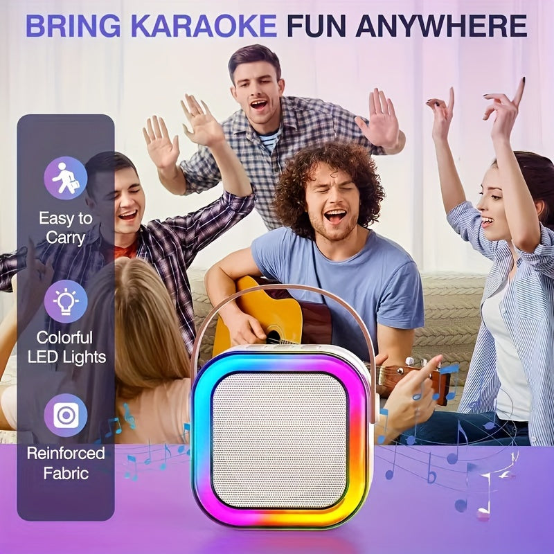 Portable wireless karaoke speaker and microphone set, rechargeable and colorful for adult birthday parties. Ideal for home karaoke systems, featuring modern microphone style and Type-C