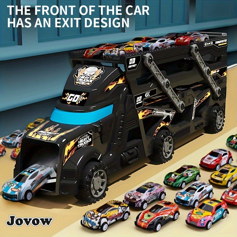 Jovow Transforming Police Toy Car includes 8 mini cars, retractable design, black with blue flames and racing car graphics. Perfect gift for boys and girls for imaginative play.