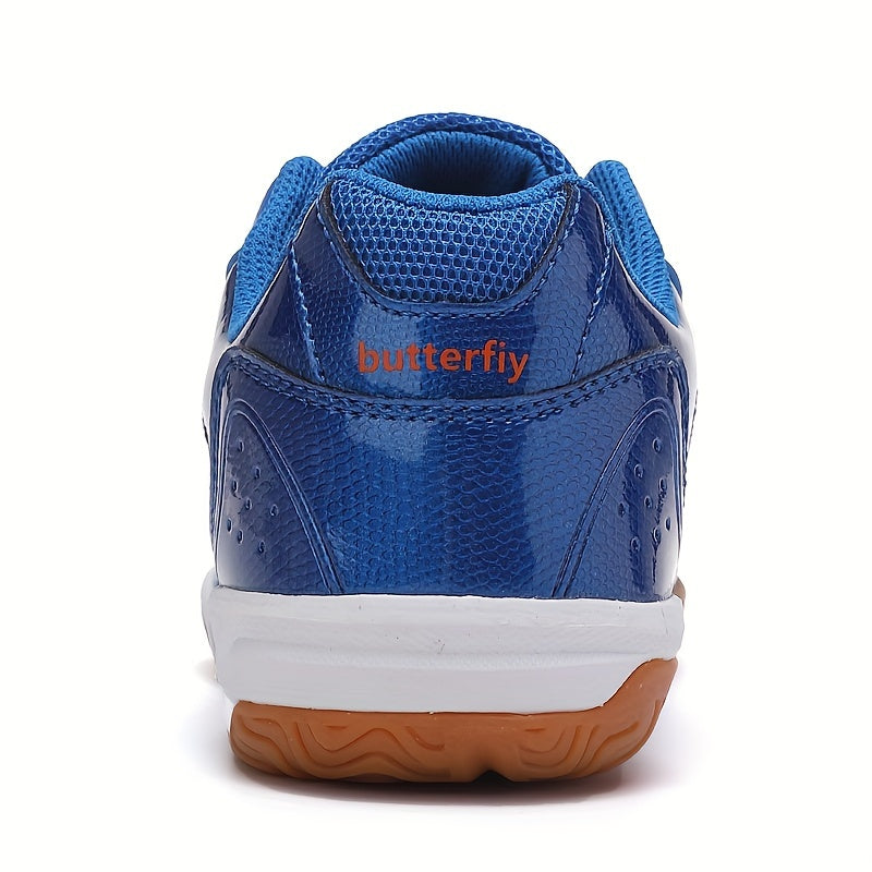 Breathable badminton and table tennis shoes in blue with orange accents, featuring a durable sole and lace-up design for all-season athletic wear.