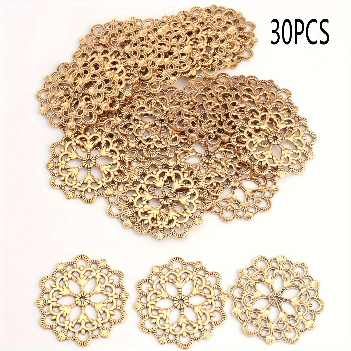 Set of 30 Antique Silvery/Ancient Golden/Bronze Hollow Lace Flower Round Combined Golden Pendants, 30mm/1.2 Inch in Size. Perfect for Christmas Decoration and DIY Jewelry Making