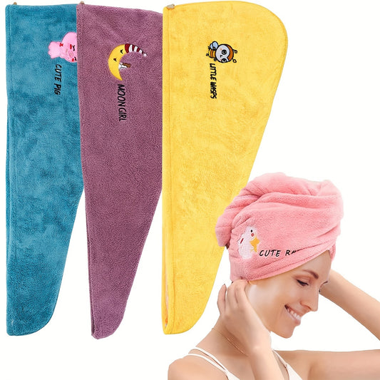 Ultra-absorbent microfiber hair towel wrap in cute cartoon designs - quick dry, lightweight shower cap for women. Available in blue, purple, yellow, pink. Soft and comfortable polyester blend.