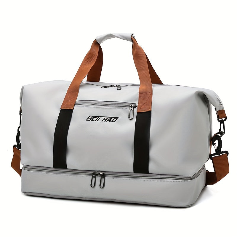 Spacious travel duffel bag with lightweight design, featuring durable zippers. Ideal for yoga, outdoor activities, and training.