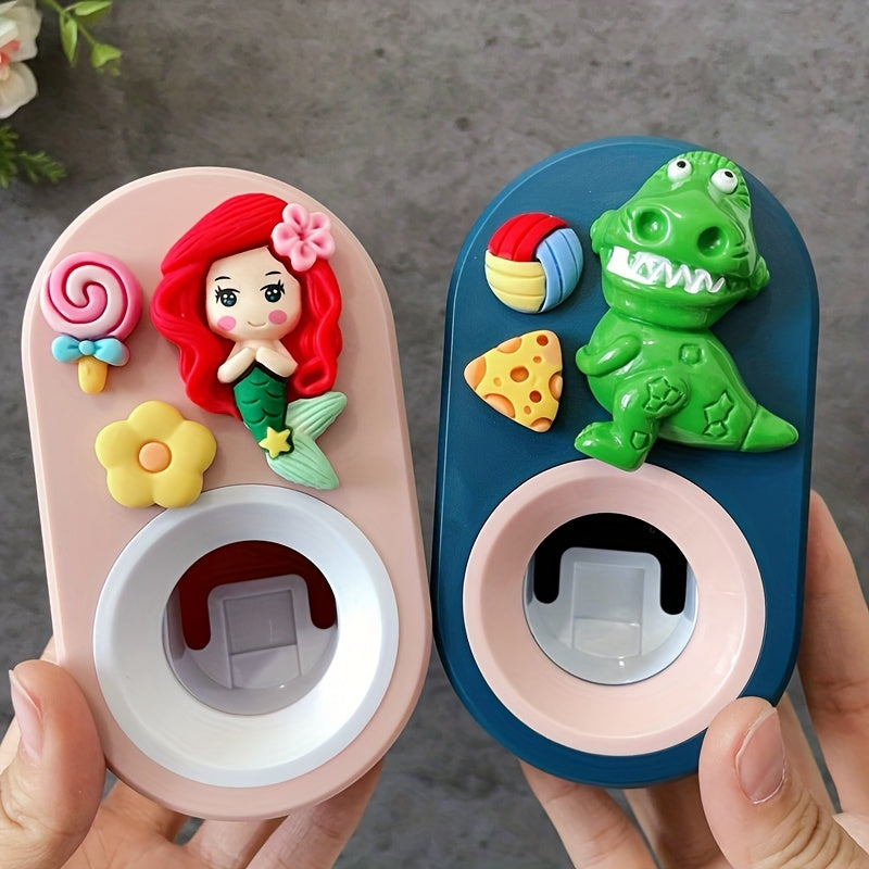 Automatic toothpaste extruder in cartoon dinosaur design, wall-mounted toothpaste holder for bathroom.