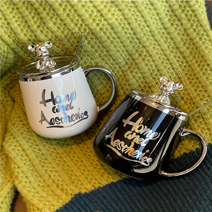 Men and women use high-value ceramic office mug with lid and spoon for breakfast coffee or water.