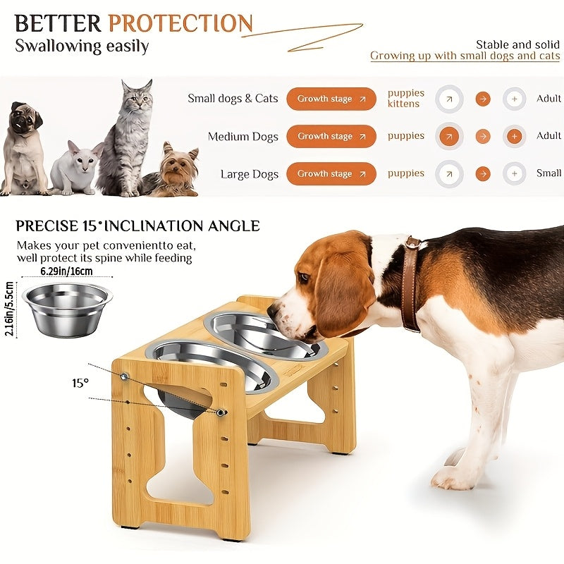 Sturdy adjustable pet feeder with bamboo stand, 2 stainless steel bowls, and tilted design for easy eating and drinking.