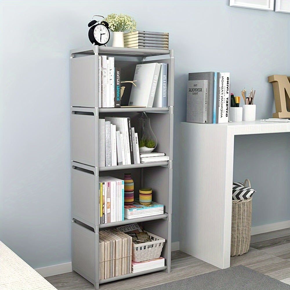 1 set of 4-storey multifunctional bookshelf, easy-to-assemble, floor-standing, stackable, and detachable storage rack for household use in the bedroom, kitchen, or living room.