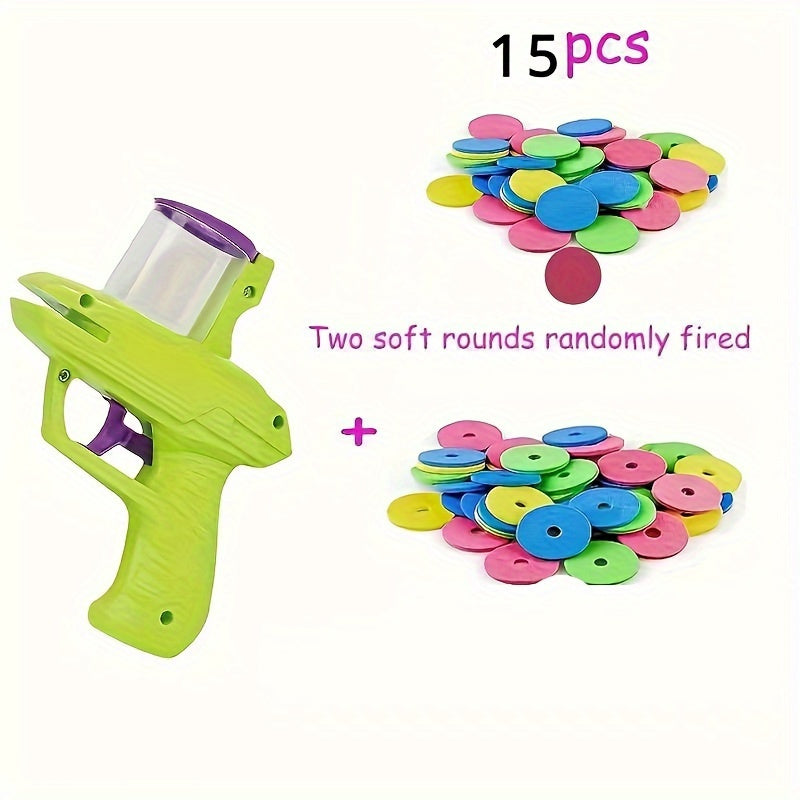 Interactive cat toy launcher gun with 50 foam discs - manual pet play equipment made of durable plastic, no batteries required. Ideal for party games and outdoor activities.