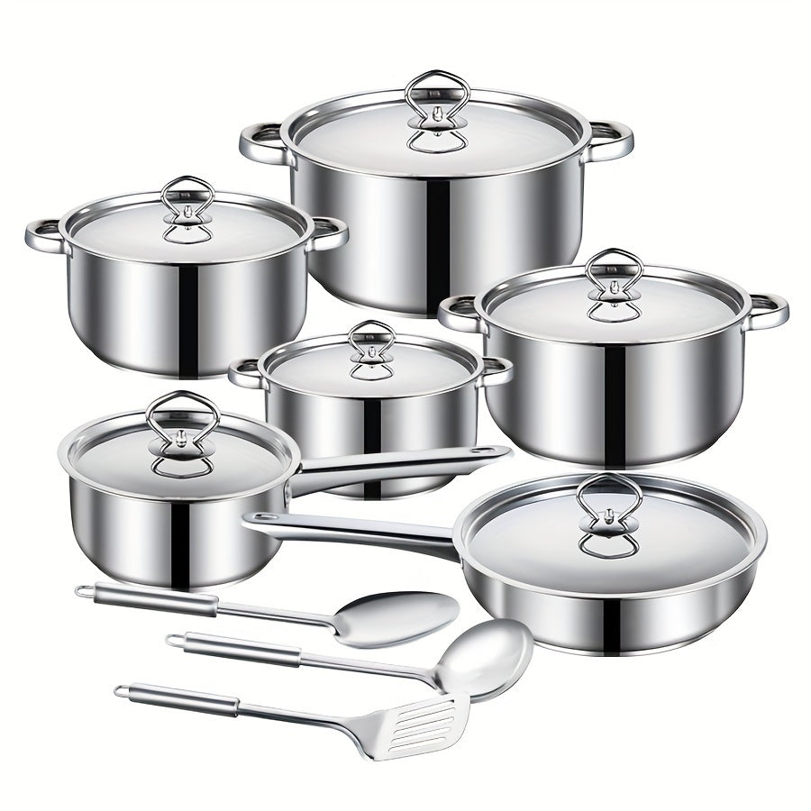 Complete Stainless Steel Cookware Set - 15 Pieces for Home and Restaurant Cooking, with Pots, Pans, and Utensils