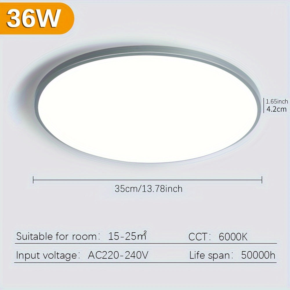 LED Ceiling Light available in 18W, 27W, and 36W sizes, modern design, suitable for bedroom, living room, bathroom, and balcony, comes in slim multicolor options.