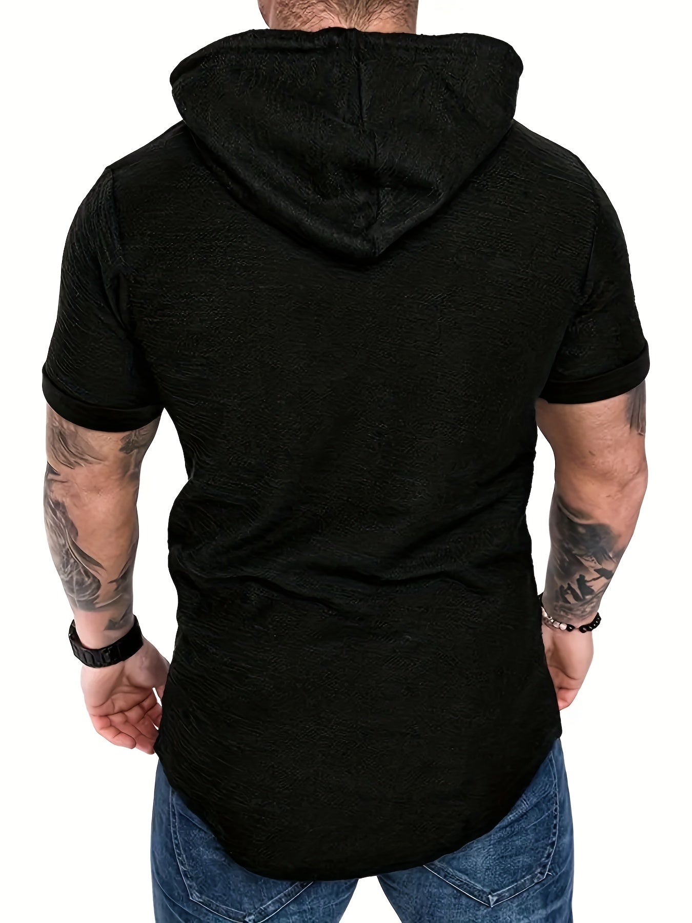 Men's plus size hooded t-shirt with short sleeves and drawstring, perfect for summer comfort.