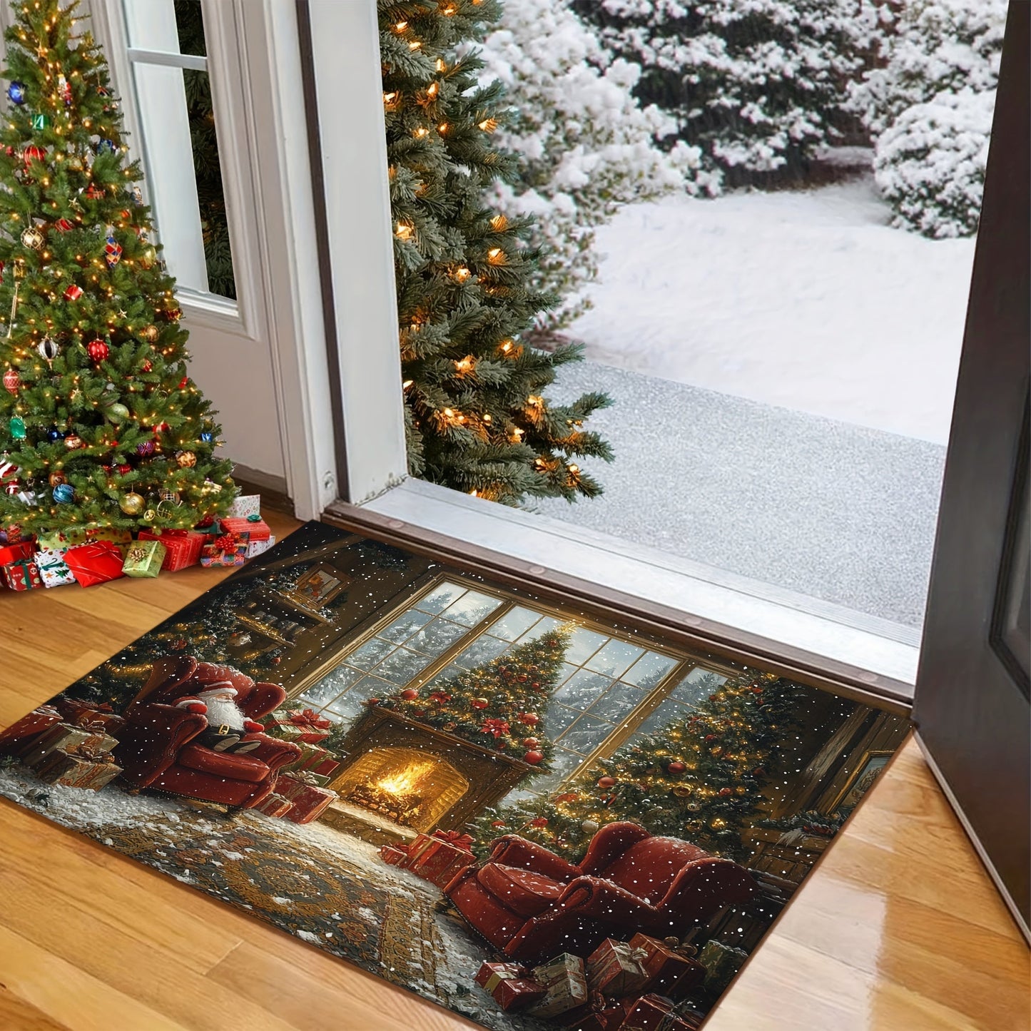 Non-Slip Rubber Backed Christmas Holiday Doormat featuring Santa Claus and Fireplace Design, Washable Polyester Rectangular Entrance Mat with Festive Xmas Tree Floor Decoration. This lightweight braided rug is the perfect addition to your holiday décor.