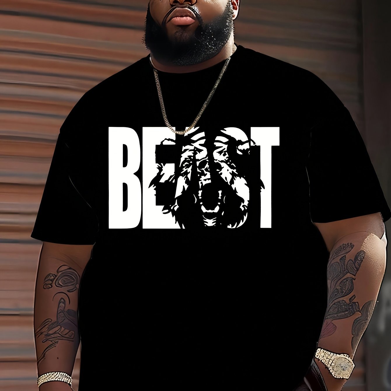 BEAST Print Men's Plus Size Cotton T-shirt, Casual Tops for Daily Wear, Practical Gift for Men