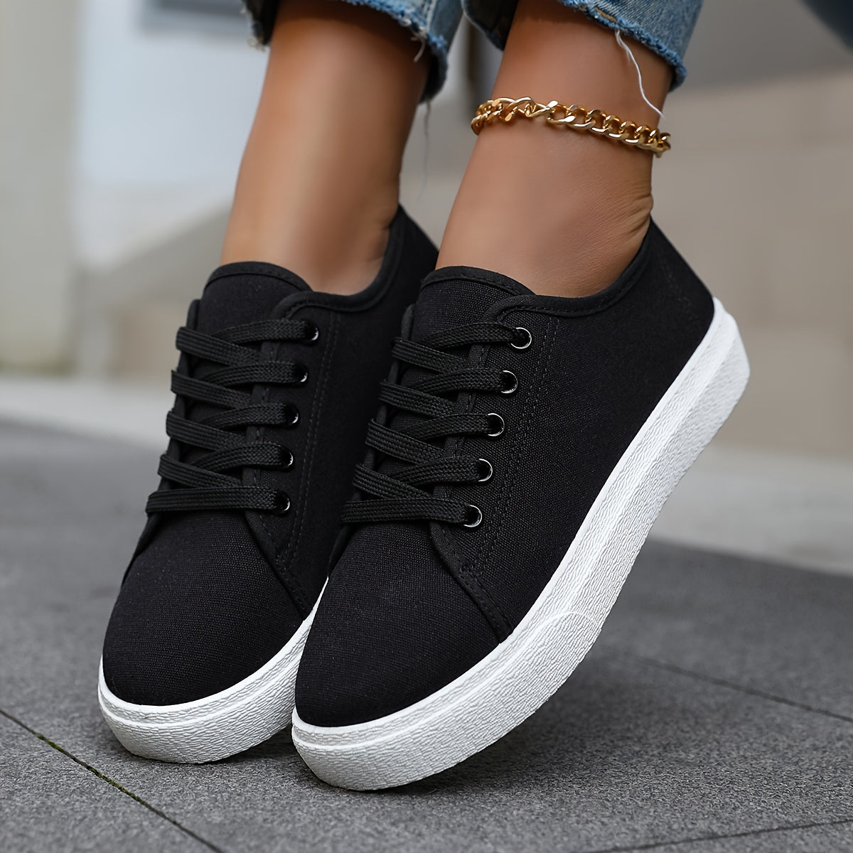 Preppy low top lace-up sneakers with solid color, breathable fabric upper, PVC sole, suitable for all seasons.