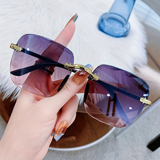 Women's minimalist frameless square glasses with lightweight plastic and resin lenses in fashionable purple tint, ideal for stylish accessory with minimalist design and lightweight frame.