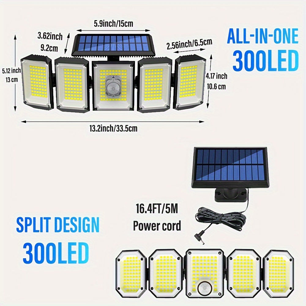 Solar Outdoor Security Light with Motion Sensor and 300 LED Flood Lights, 3 Modes, Foldable, Remote Control, Detachable Sconce, Plastic Shade, Solar Powered with Lithium Battery. Ideal for