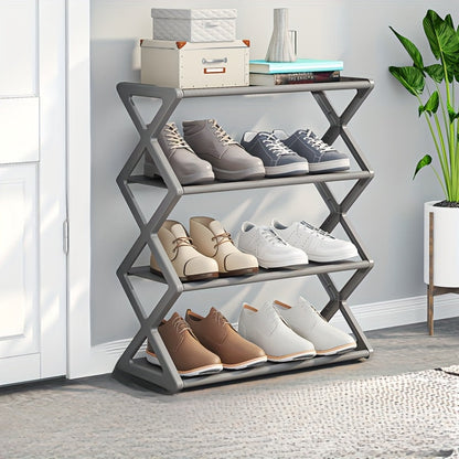 The Black Steel Tube Style X-Shaped Shoe Rack is a convenient and space-saving storage solution for shoes. With a 4-tier design and metal frame, it is easy to assemble and features a dustproof, multi-layer design. Ideal for entryways, bedrooms, and