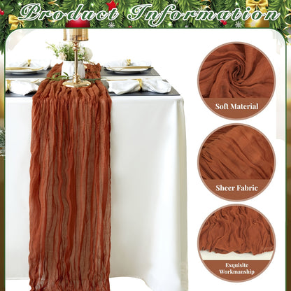 Elegant rust-colored cheesecloth table runner for spring, holidays, weddings - farmhouse chic design.