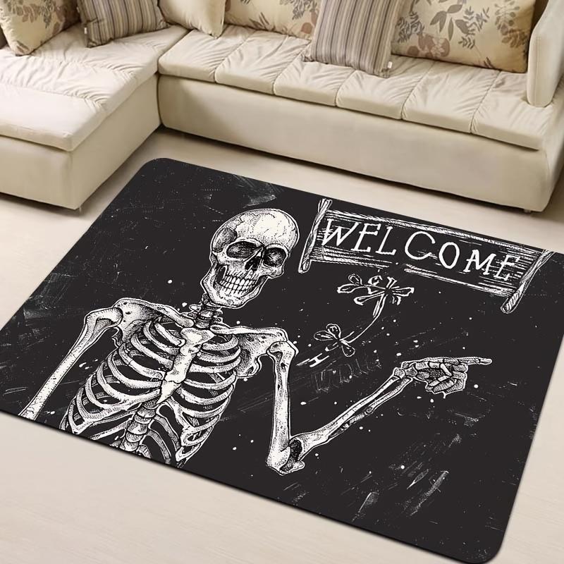 Skeleton Welcome Doormat - Machine Washable Polyester Flannel Indoor Mat with PVC Backing, Rectangle Textile Mat for Laundry, Bathroom, Kitchen, Living Room, Bedroom Entrance Decoration - Area Mat that is Washable