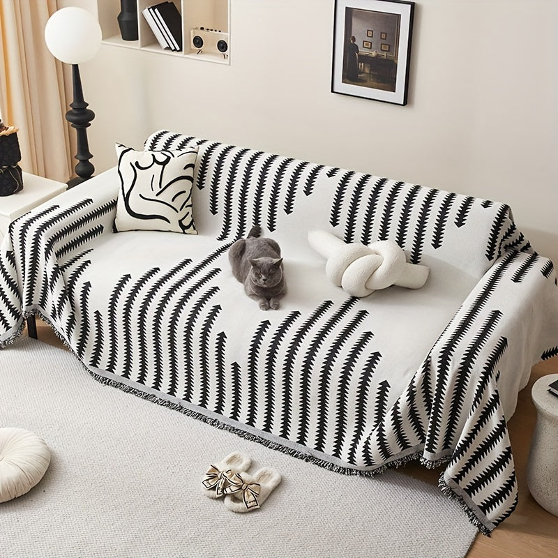 Chenille sofa cover with tassel style, anti-pet scratch, all-season, non-slip couch protector for home decoration.