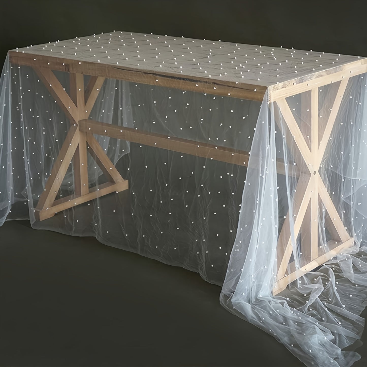 1 pc Pearl Table Runner for Wedding Arch Decor, Bridal Shower, and Event Decoration, featuring Romantic Pearl Lace embroidery on a Clear Wrinkle-Proof White Chiffon Tulle fabric.