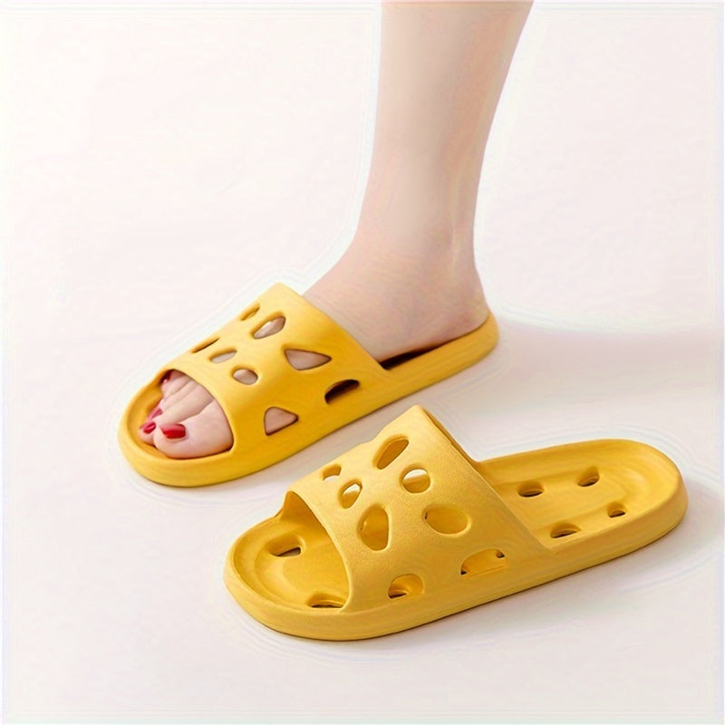 1 Pair of EVA Slippers with Solid Color Hollow-Out Design, Non-Slip Sole, Drainage Holes, and Soft Shower Slides.