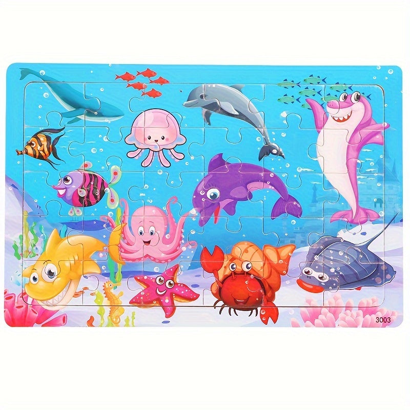 30-piece wooden puzzles featuring animals, dinosaurs, and cartoons for children to enhance their hands-on skills and kindergarten education.