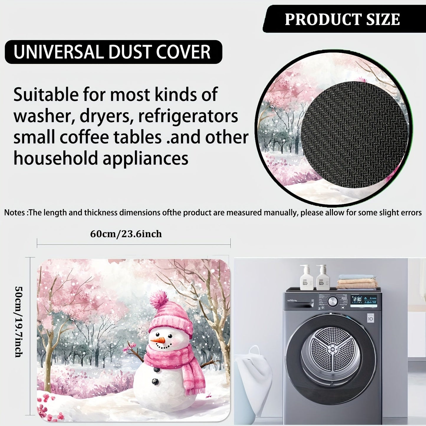 Keep your washing machine clean and festive with this 1-piece dust cover featuring a pink snowman and cherry blossom winter scene. This cover is quick-drying, absorbent, and non-slip, providing protection for your appliance and adding a decorative touch