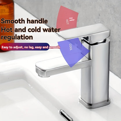 Stylish square faucet featuring an electroplated finish, perfect for basin hot and cold water control. This single-hole bathroom sink tap is ideal for washing hands and face effectively.