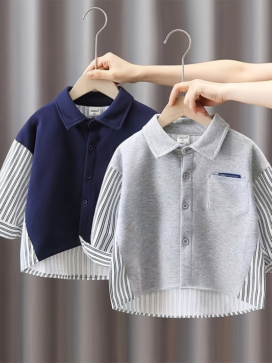 2-Pack of boys' cotton striped long sleeve shirts with collared button-up style, pockets, and loose fit for spring/autumn.