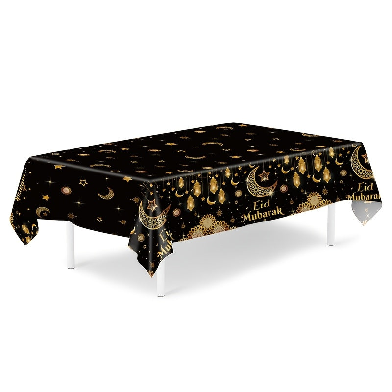 1pc Eid Mubarak tablecloth with black golden moon star lantern design, made of plastic PE, measuring 130x220cm. Perfect for Ramadan, Eid Al-Fitr, Islamic Muslim party decor, and Eid Al Adha