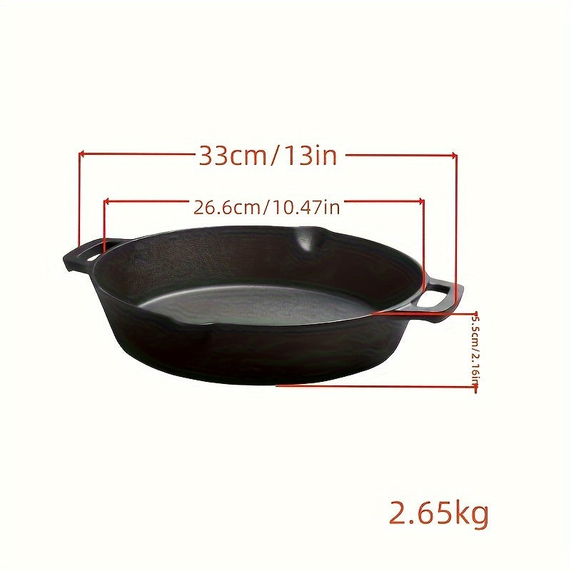 Cast iron skillet featuring dual handles and oil spouts, enhanced non-stick thickened cooking surface, oven-safe design, and smooth finish - ideal kitchen cookware for cooking beef and other dishes.