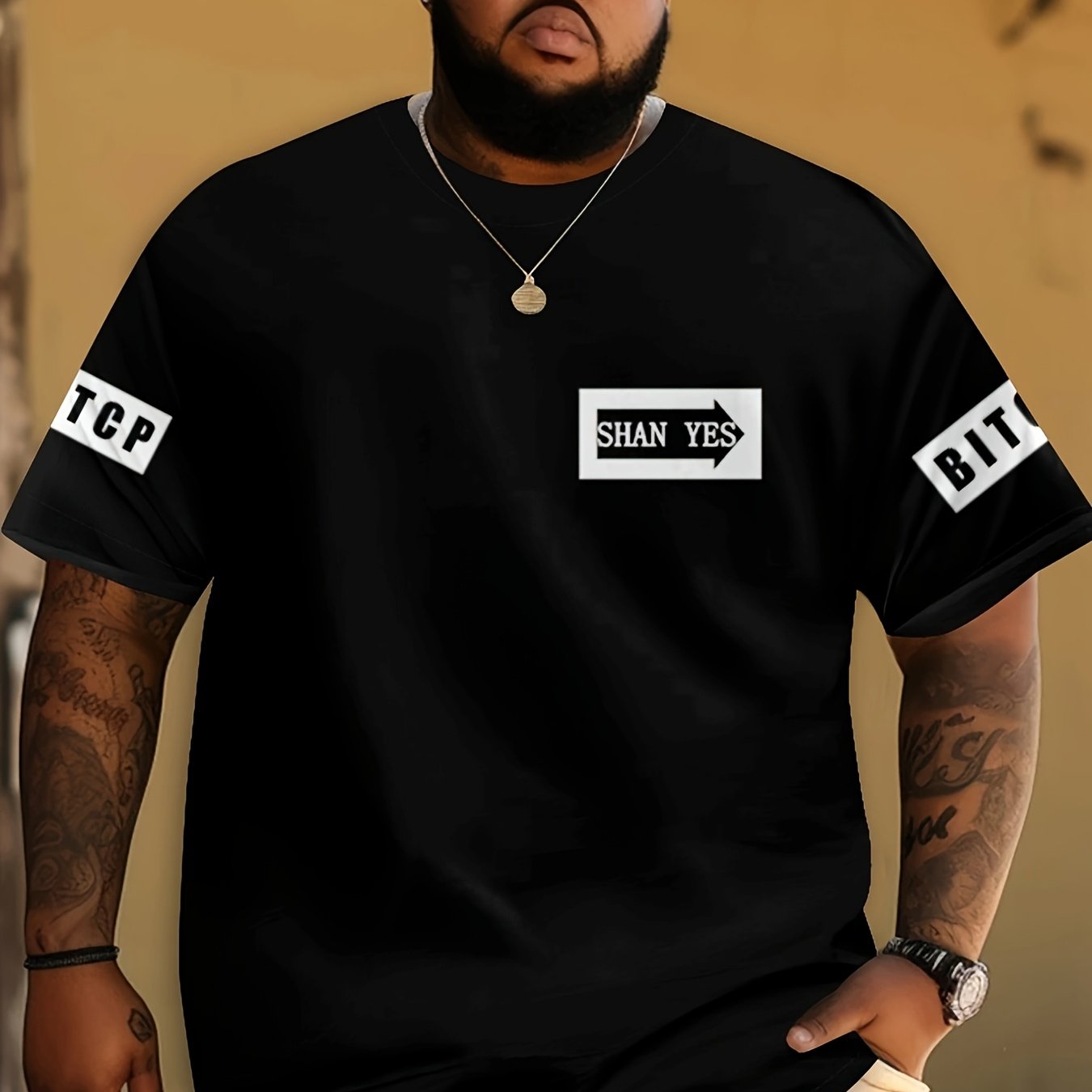 Men's plus size 3D printed polyester/spandex T-shirt in black with crew neck, regular fit, and slight stretch.