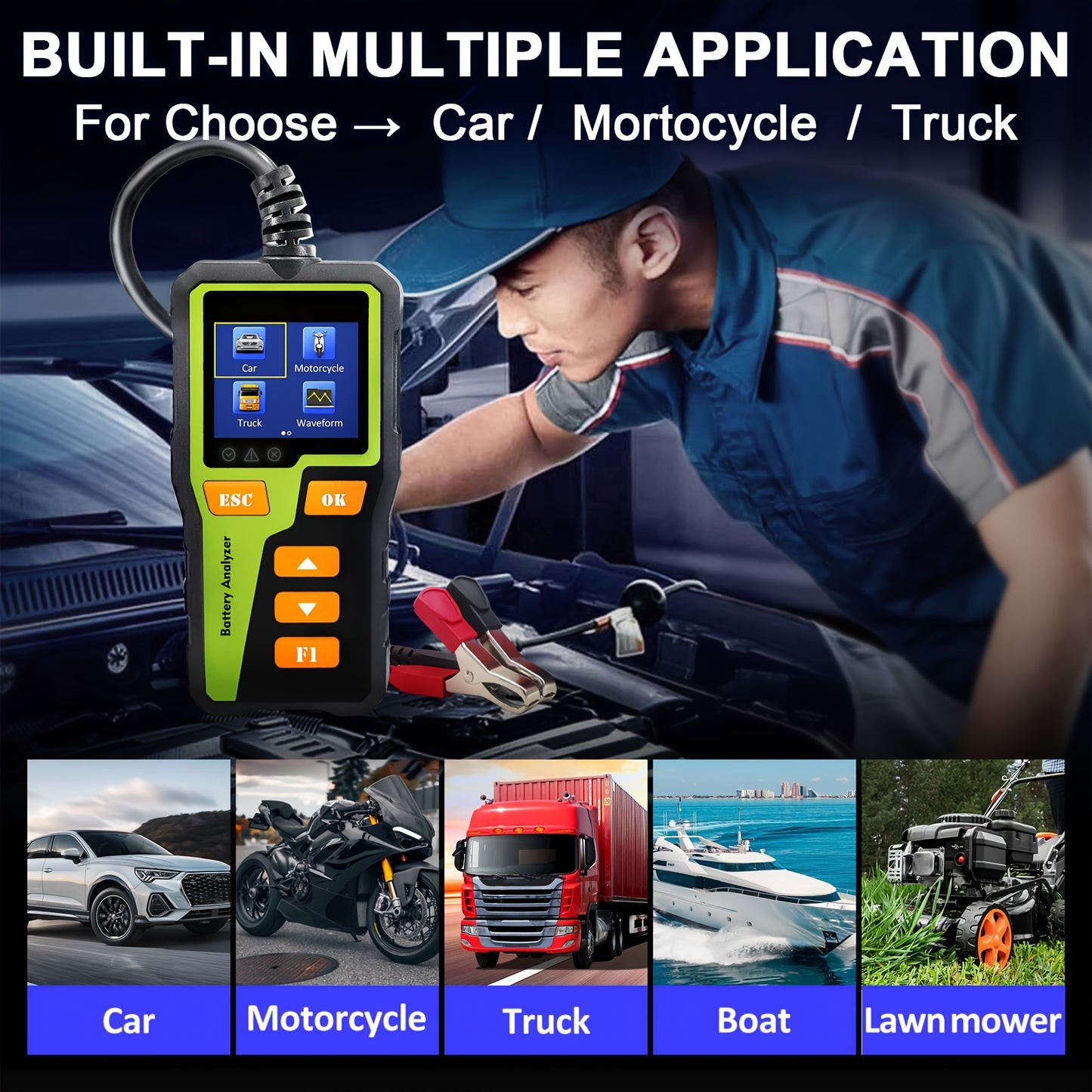 12V 24V Car Battery Tester Analyzer for Automotive Battery System Testing, including SOC, SOH, Internal Resistance, Charging, Cranking, and Diagnostic Tool for various vehicles.