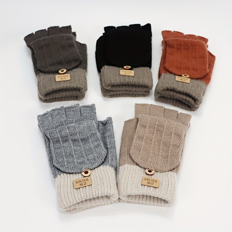 Stay warm and stylish in these women's knitted polyester flip gloves. These casual half-finger gloves come with a cover to keep your fingers cozy. Their solid color design is both classic and versatile, while the elastic material ensures a comfortable