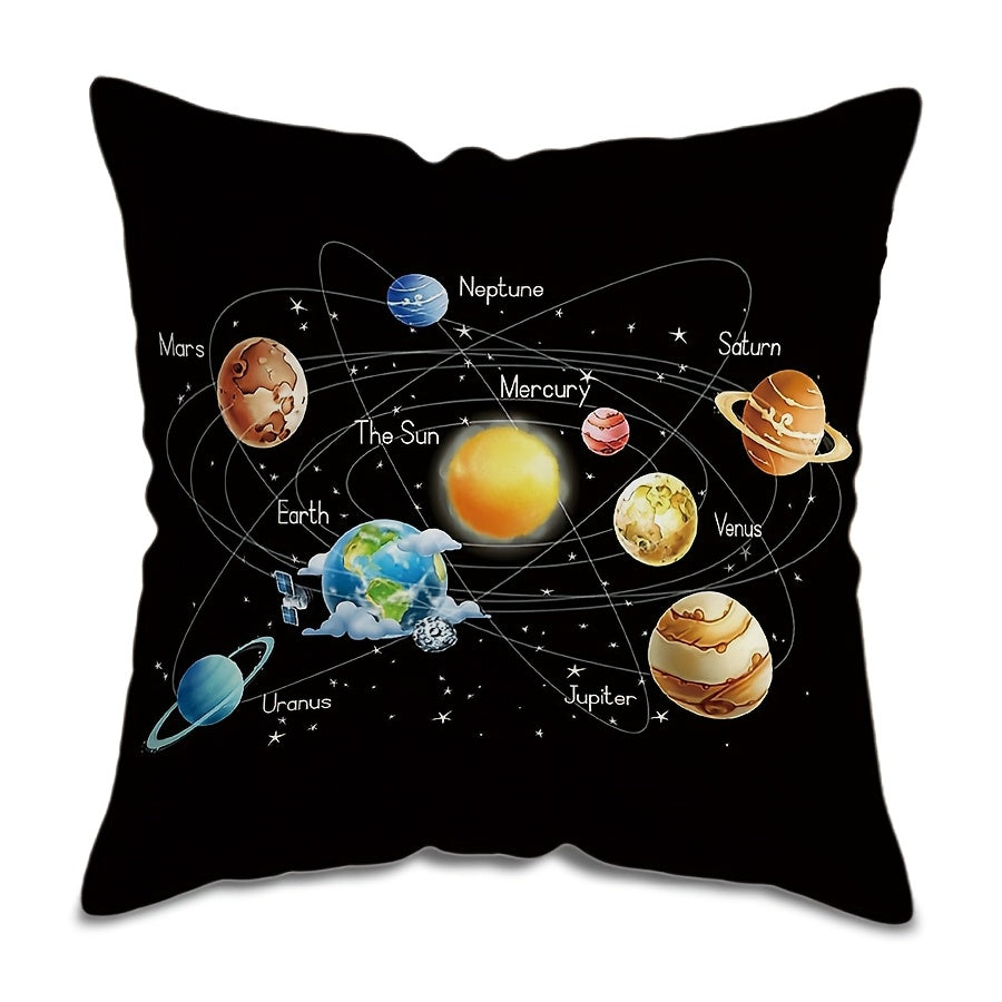 Solar System themed throw pillow cover made of polyester, measuring 44.96x44.96 cm. Features a contemporary style with a single-sided galaxy print including planets and stars. Machine washable with a zip closure for easy removal and cleaning. Perfect for